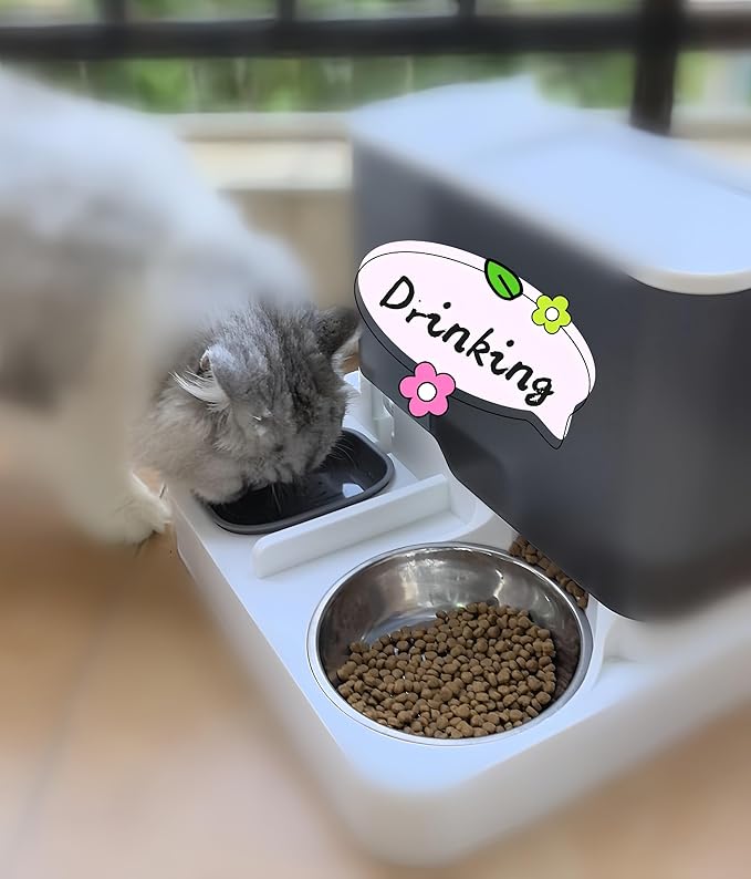 2-in-1 Automatic Pet Feeder and Water Dispenser, Stainless Steel Smart Food Water Bowl for Cats and Dogs, for Home Use (Gray)
