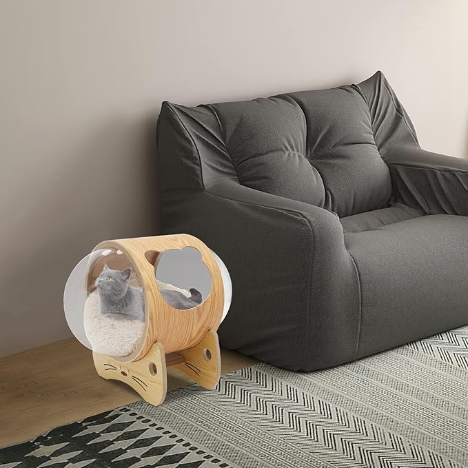 Space Capsule Cat House, Cat Dog Wooden Modern Pet Bed with Cushion, Cats Nest & Kennel Wooden Furniture for About 8.5kg/18.74lbs Cats