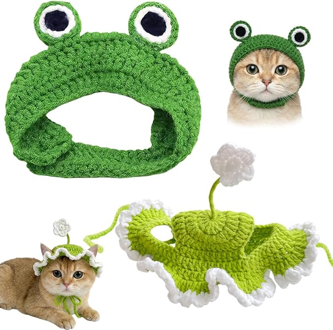 2 PCS Pet Costume Hats Cat Dog Cute Frog and Flower Headband Crochet Knitted Cap Big Eye Frog Party Cosplay for Kitten Puppy Pet Birthday Hat