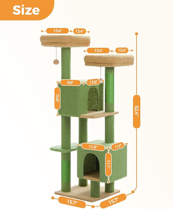 MUTTROS Cactus Cat Tree, 52.4" Cat Tower for Indoor Cats, Cute Cat Tree with 2 Padded Perches, 2 Condos & 2 Scratching Posts, Green
