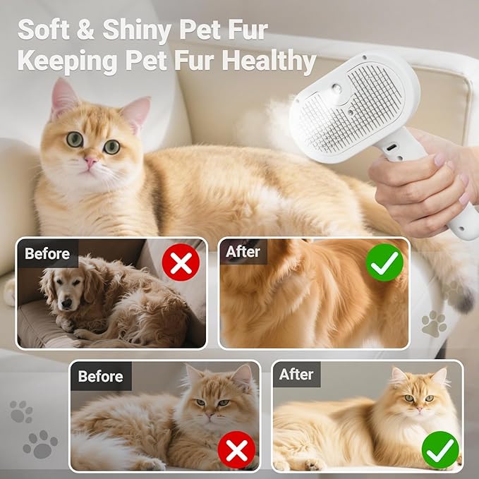 Pjordo Pet Steam Brush for Cat & Dog, 5-in-1 Pet Spray Hair Removal Comb for Reducing Shedding, Grooming Brush for Long Short Haired Cat & Dog, No-Rinse Foaming Cleanser for Cleaning Paw