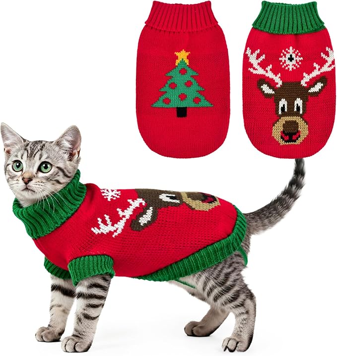 2PCS Puppy Christmas Sweater Cat Turtleneck Knitwear Xmas Elk Outfits Dog Christmas Tree Pattern Warm Clothes Sweater for Kitties Puppies XXS