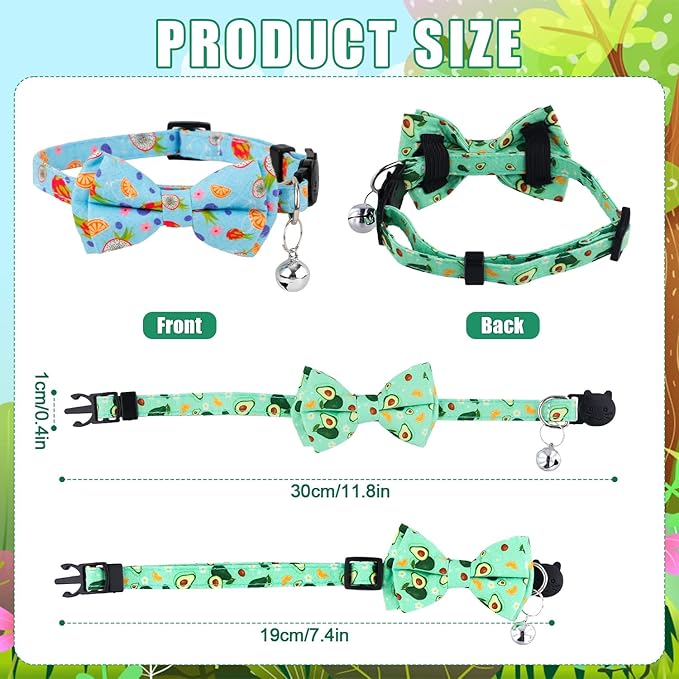 2pcs Summer Cat Collars, Cute Fruit Theme Cat Collar with Bowtie & Bell Adjustable Soft Cat Bow Tie Collar with Dragon Fruit Avocado Pattern for Girls Boys Kitten (Blue, Green)