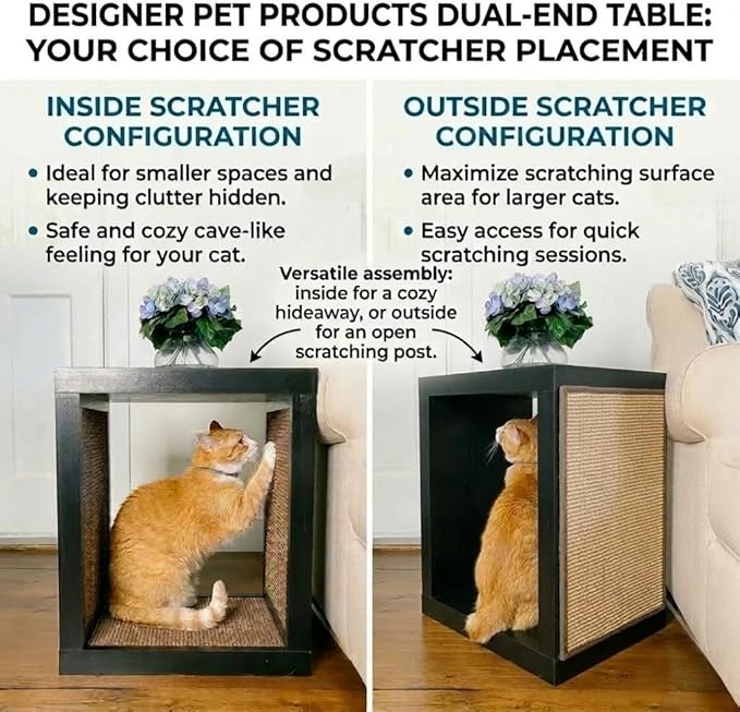 Designer Pet Products 2-in-1 Cat Scratcher End Table – Modern Wood Side Table with Customizable Sisal Scratching Pad – Versatile Furniture for Cats and Home Decor