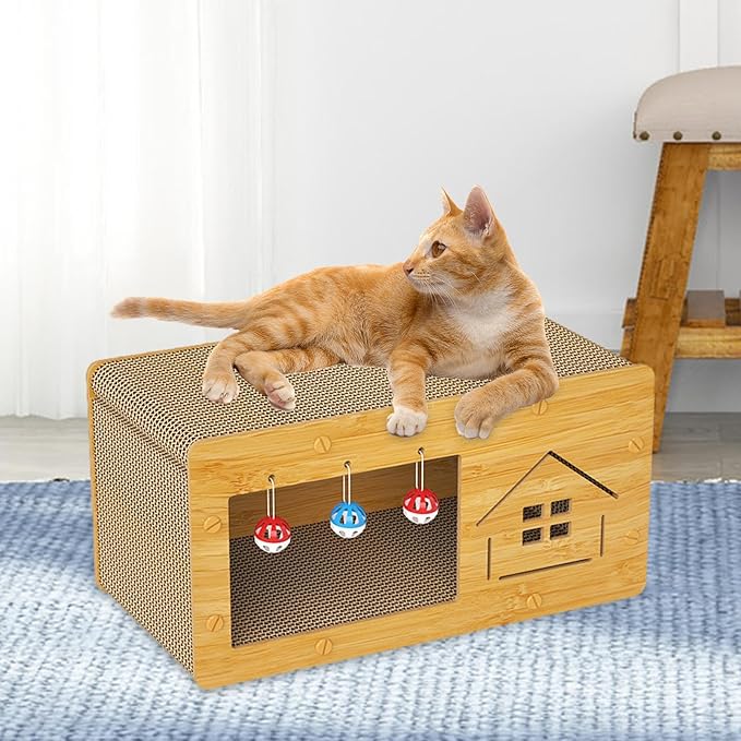 Cat Nest Cat Bed with Scratching Board Activity Toys Non Slip Decoration Multifunctional Crafts Furniture Protection Cat Cardboard Bed, House Pattern, XL