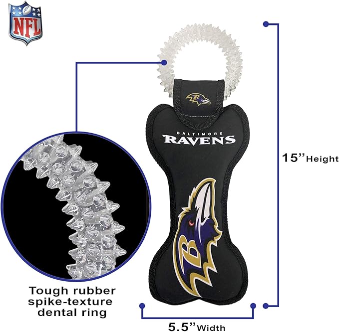 Pets First NFL Baltimore Ravens Dental Dog TUG Toy with Squeaker. Tough PET Toy for Healthy Fun, Teething & Cleaning Pet's Teeth & Gum., Team Color, one Size (BAL-3310)