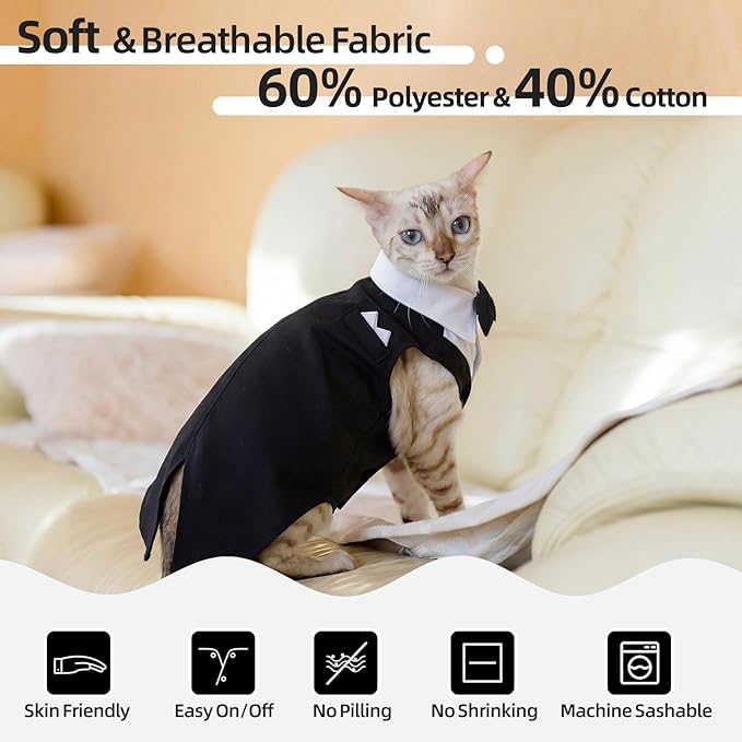 QBLEEV Cat Tuxedo Outfit, Sphynx Cat Costume for Cats Only, Formal Kitten Clothes Attire Suit with Bow Tie, Stylish Birthday Wedding Party Photo Shoots Costume for Male Female Cats, M, Black