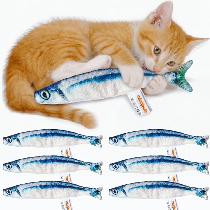 miwoowim 6 PCS Cat Fish Toy Soft and Durable,Cat nip Toy with Catnip Inside, Kicker Toys for Indoor Kitten Exercise,Kitty Teething Chew Toy (6 Sauries)