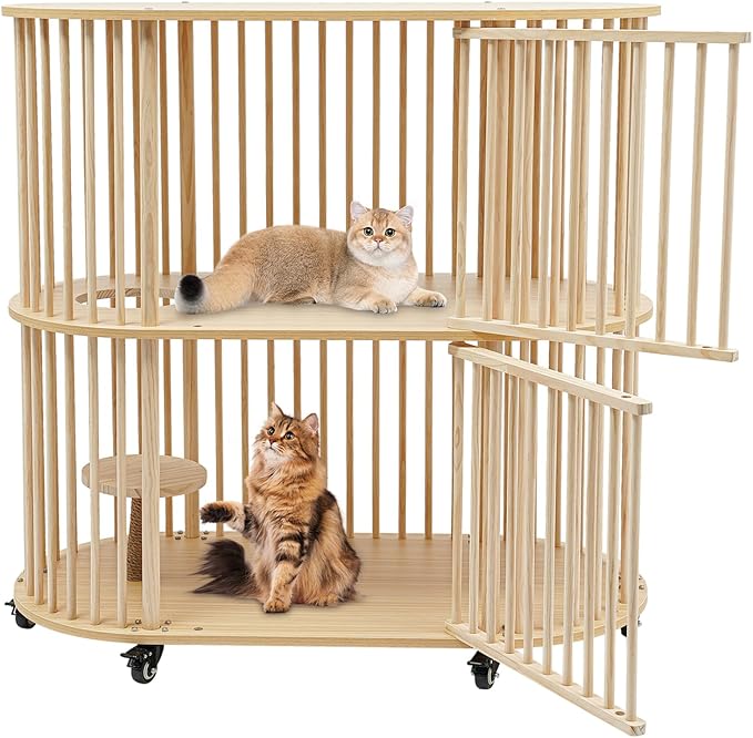 Wooden Cat House, 2 Tier Large Indoor Cat Bed with Scratching Posts, Modern Cat Cage with 6 Wheels, Multi-Level Cozy Pet Furniture for Homes, Pet Stores, Catteries,Balconies