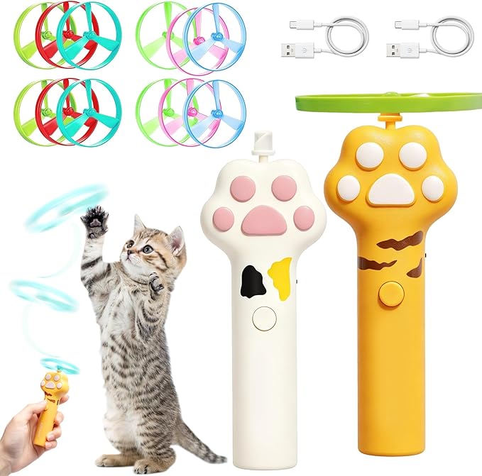 2 Pcs Cat Fetch Toy, Rechargeable Automatic Flying Disc Launcher with 12 Pcs Discs, Interactive Rotating Cat Toy for Indoor and Outdoor Use, Boredom Relief for Pets (White and Brown)