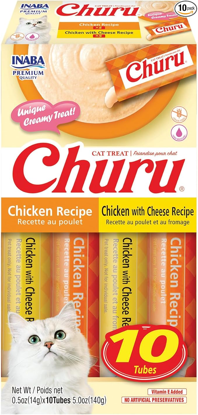 INABA Churu Cat Treats, Grain-Free Lickable Creamy Purée with Vitamin E, 0.5 Ounces per Tube, 10 Tubes Total, Chicken Variety Box