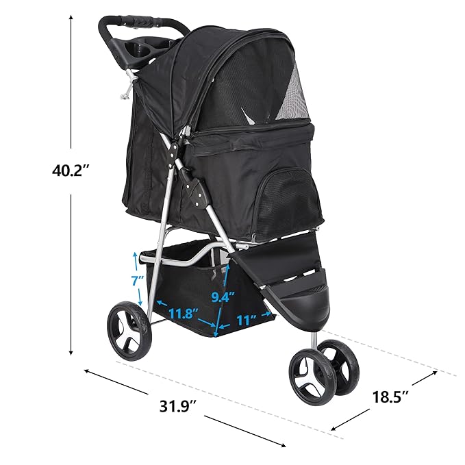 JungleA Foldable Pet Stroller for Cats Dogs,3 Wheel Pet Cage Jogger Cart for Small to Medium Pets,Lightweight & Portable & Durable Pet Stroller with Weather Cover, Storage Basket and Cup Holder
