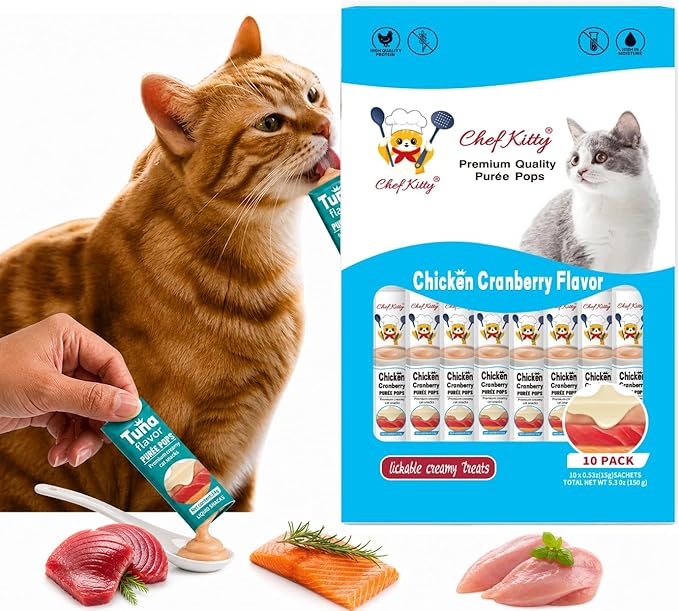 Cat Treats Lickable | Grain-Free Cat Food Toppers| Creamy Puree Squeeze Ups Urinary Tract Health & Kidney Support | 0.5 oz. Each Tube, Chicken with Cranberry Recipe | 10 Tubes