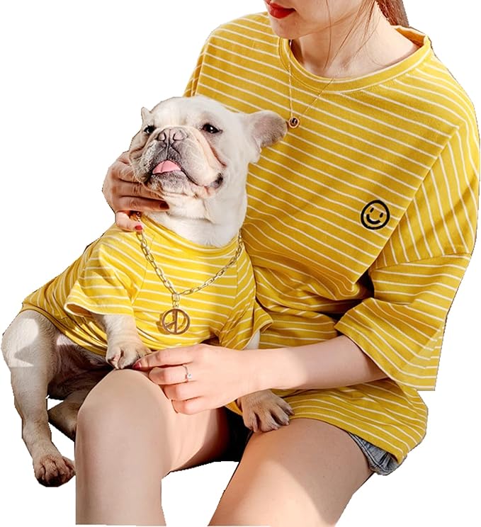 Matching Dog and Owner Clothes,Yellow Striped Women Shirt Short Sleeve,Cotton Women Summer Shirt Crewneck,Casual Summer Tops Loose Fit(Owner XL)