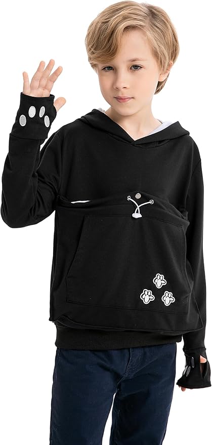 ALYC Boys Girls Hoodies - Pet Holder Kitten Puppy Carriers Pullover Long Sleeve Cat Ear Sweatshirt with Removable Inner Pouch Black
