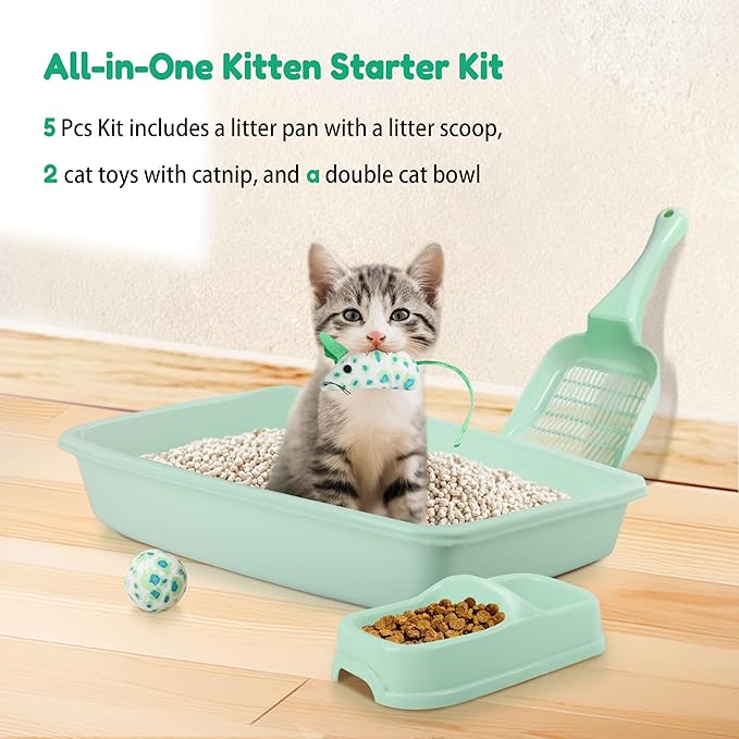 Green Cat Litter Box Set, Small Cat Kitten Starter Kit with Litter Scoop, Cat Bowl, Kittens Toy; Heated Cat Bed Indoor, Microwavable Heating Pads for Cats with 2 Cozy Covers