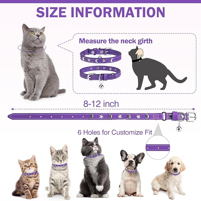 Leather Cat Collars for Boy Girl Cats with Bell and Safety Elastic Belt, Personalized Star and Moon Stud Adjustable Safe Buckle Collar for Kitty Small Big Cats Size 8-12 Inch, Purple