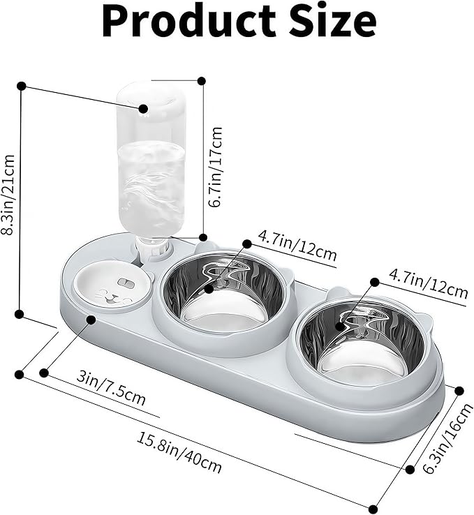 Marchul 3 in 1 Cat Bowl, Cat Food and Water Bowl Set with Water Dispenser and Stainless Steel Bowls, 15° Tilted Pet Raised Three Bowls for Indoor Cats, Small or Medium Sized Dogs,Gray