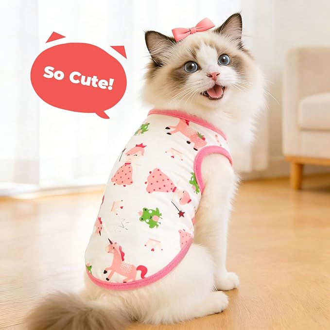 PETCARE Cute Cartoon Cat Shirts for Cats Only Soft Cotton Tshirts Pink Pony Cat Clothes for Cats Only Female Male Small Breeds Pet Pajamas Sleeveless Pet Tank Top Spring Summer Kitten Clothes