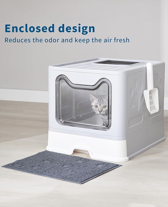 Medario Cat Litter Box with Litter Mat and Scoop, Large Covered Litter Box with Lid, Enclosed Kitty Box, Front Entry Top Exit, Odor Control, Easy to Clean (Grey)