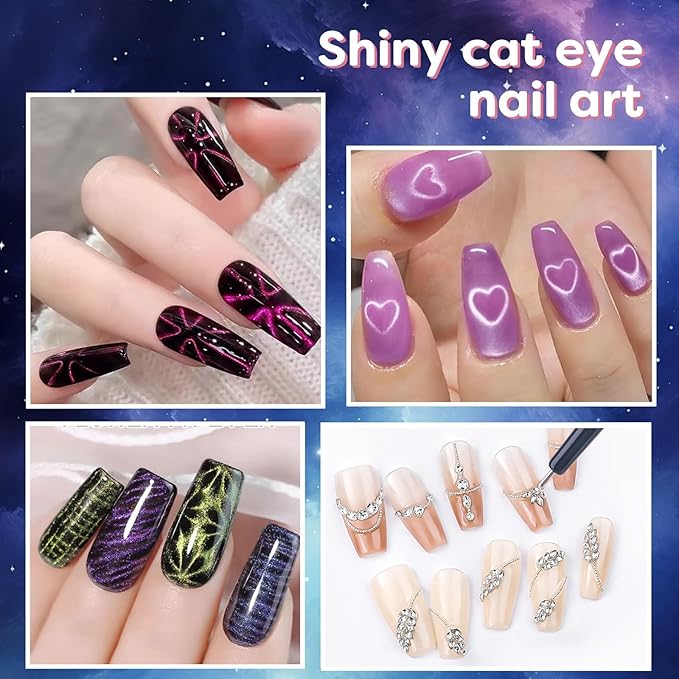WOKOTO 14 Pcs Cat Eye Magnet For Nails With 3pcs Y-Shape Iron Stencil Set, Cat Eye Gel Nail Polish Magnet Tools Powerful Wand Magnet, Magnetic Nail Polish Square Round Heart Magnet Stick For Nails