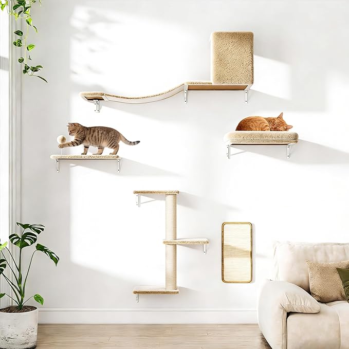 COZIWOW Cat Wall Shelves Set, 5-Piece Wall Mounted Cat Furniture with Cat Tree & Scratching Post, Floating Cat Perches for Indoor Cats（Beige）