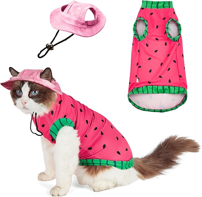 Sphynx Cat Watermelon Shirt &Sun Hat for Summer, Cooling Breathable UPF 50+ Shirt for Cats & Small Dogs Apparel, Shirt and Hat Set for Cats (S (2-3.5lbs))