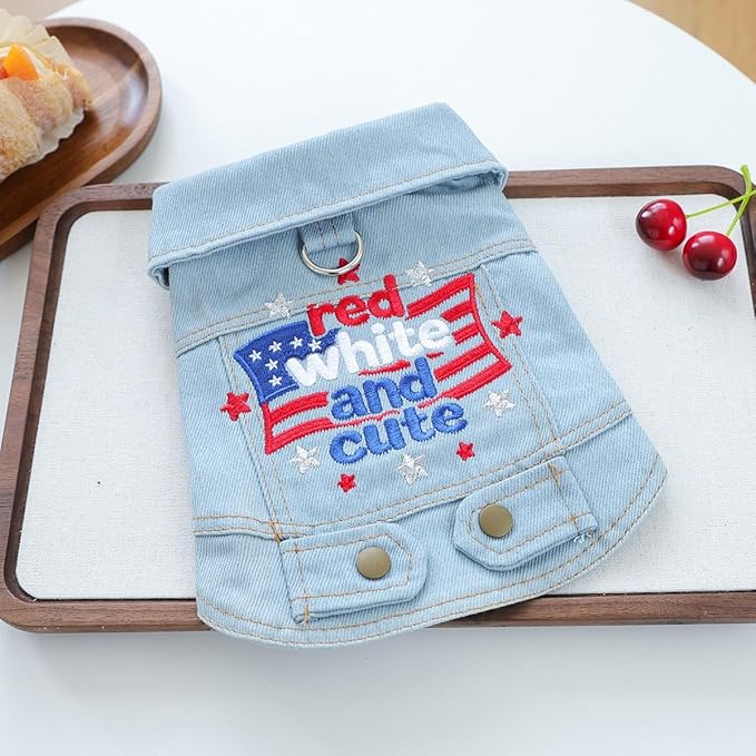 Patriotic Denim Dog Vest with D-Ring for Small Dogs – Red White and Cute Embroidered American Flag Puppy Jacket, 5th of July Pet Outfit(M)