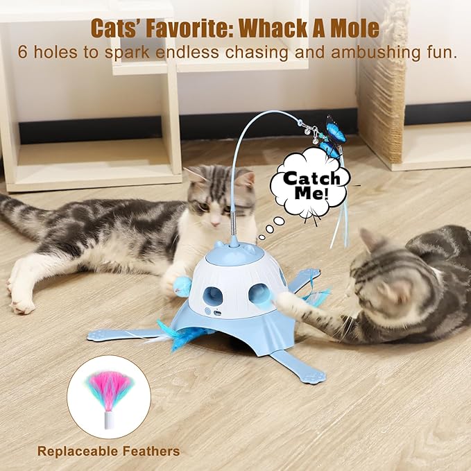 AIPERRO 3-in-1 Automatic Cat Toys for Indoor Cats, Fluttering Butterfly, Whack a Mole, Rotating Feather Wand, USB Rechargeable Interactive Feather Toys for Multi-cat Family (Blue)