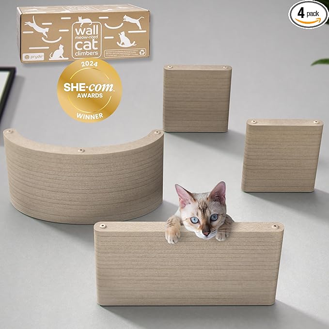 Wall Mounted Cat Shelves (Set of 4) by Pryde Pets - 100% Sustainable PET Felt Feline Enrichment Climber Furniture for Small & Large Indoor Cats, Modern Climbing Gym Jungle Design (Oatmeal)