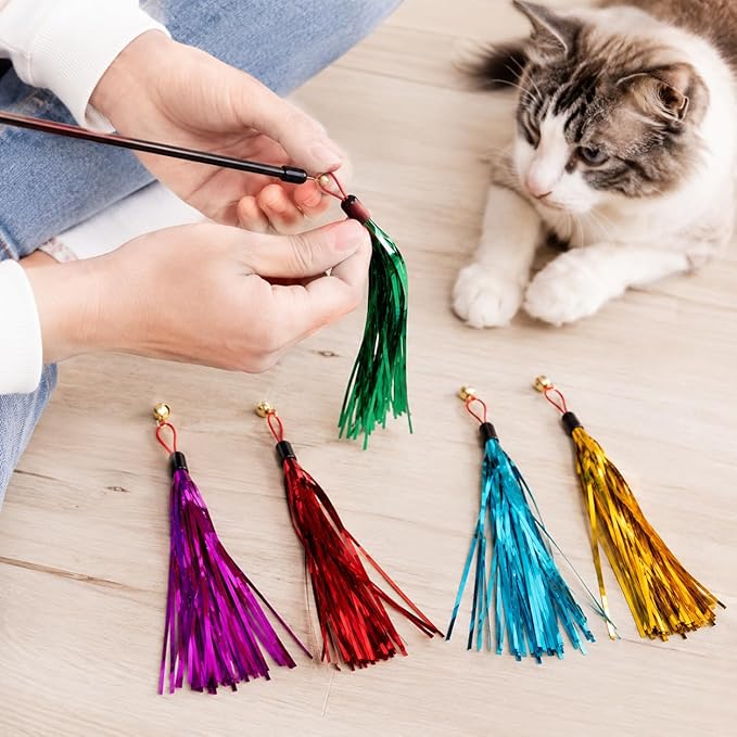 LUOZZY 8 Pcs Cat Teaser Wand Replacement with Bell Metallic Foil Tassel Cat Wand Toys Interactive Catcher Teaser for Pet, Random Color