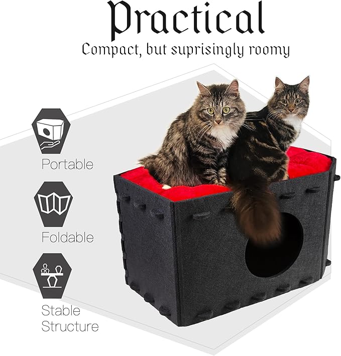 Gothic Cat Bed for Indoor Cats or Pets, Foldable as Halloween Cat House with Soft Cushion for Goth Bed, Gothic Cat House, Coffin Shape Cat Cave Bed, Black and Red Color Halloween Cat Bed