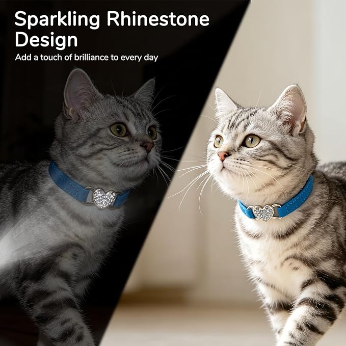 BINGPET Diamond Cat Collar,Adjustable Soft Velvet Leather Safe Kitten Collar with Crystal Heart Charm and Bells,Girl Boy Bling Stylish Cat Collars with Safety Elastic (Blue, Neck Girth 8"-10")