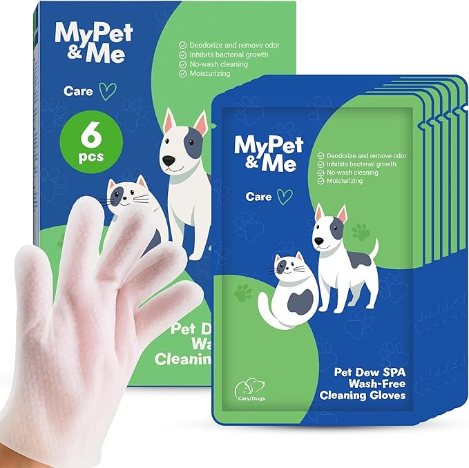 My Pet & Me Pet Glove Wipes for Dogs & Cats, Hypoallergenic No-Rinse Grooming with Olive & Jojoba Oil, Deodorizing Dog Bath Gloves & Lick-Safe Cat Wipes for Paws, Face, Ears, 6 Count Travel Pack