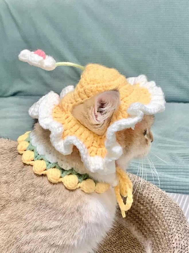 Cute Flower Cat Hat Crochet Collar, Birthday Party Kitten Costume for Puppy, Pet and Small Animals(Yellow, Medium)