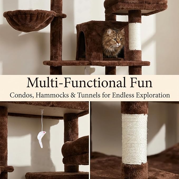 68" Cute Cat Tree for Indoor Cats Large Adult, Tall Cat Tower with Scratching Post & Condo, Hammock, Aesthetic Cats Stand, Modern, Easy Assembly (Brown, 68" Tall)