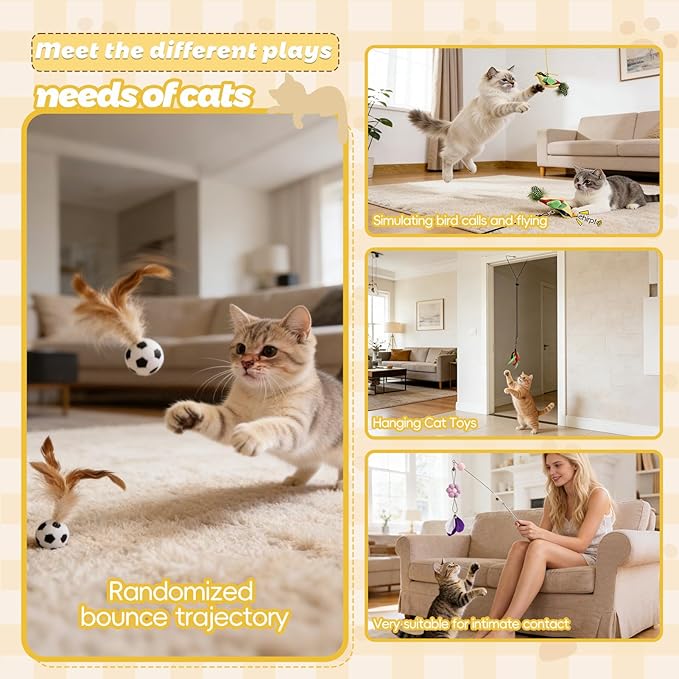 Cat Wand Toys for Indoor Cats to Relieve Boredom - 4-in-1 Interactive Teaser Wand with Realistic Bird Chirping Sound, Bouncy Ball & Feathers for Adult Cats and Kittens