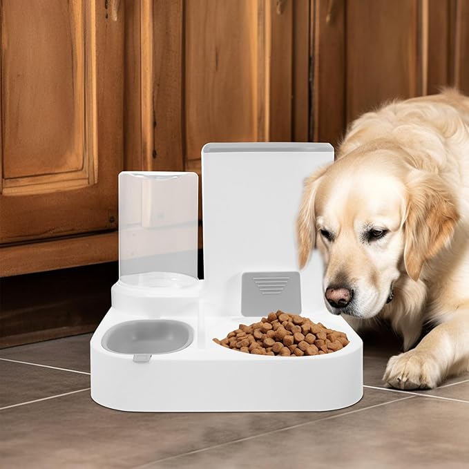 Automatic Pet Food Feeder and Water Dispenser, Large Capacity Dry and Wet Separation, Grey Pet Feeder Station for Cats and Dogs, Suitable for Multi-pet Feeding