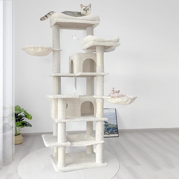 68" Beige Cute Cat Tree for Indoor Cats Large Adult, Tall Cat Tower with Scratching Post & Condo, Hammock, Aesthetic Cats Stand, Modern, Easy Assembly (Beige, 68" Tall)