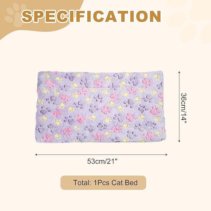 Dog Cat Bed Mat, Soft Coral Fleece Pet Cushion Pad with Cute Paw Print, Warm Washable Pet Bed 21x14 Inches, (Purple), Intended for Medium Small Dog Cat