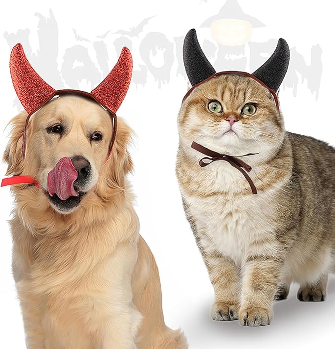 2Pcs Halloween Devil Horns Headband for Dogs Cats Cute Pet Costume Red Black Demon Horn Hat Cosplay Dress Up Hair Hoop Accessories for Kitten Puppy Halloween Holiday Party Supplies (S)