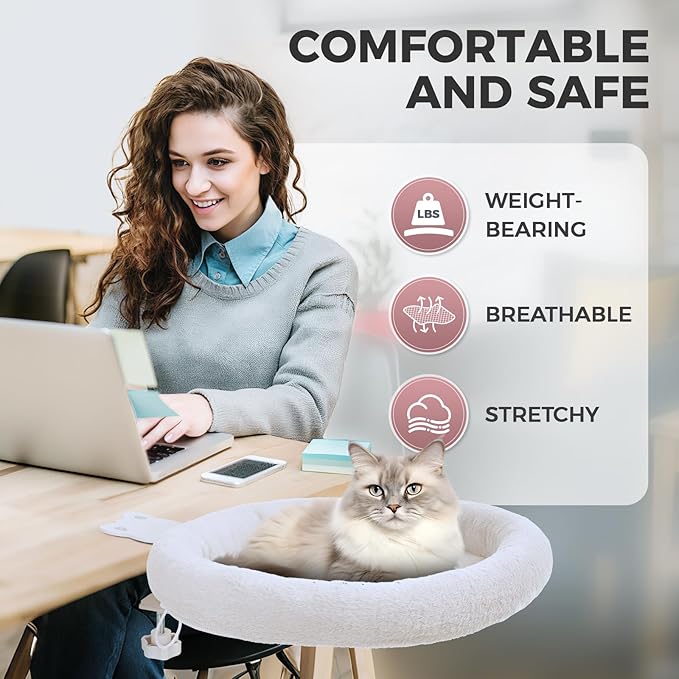 Cat Desk Bed,Steel Cat Bed for Desk,Easy to Assemble,Machine Washable and Detachable Easy to Clean,180° Rotating Cats Hammock Desks for Office Game Tables,Supports to 40lbs(White)