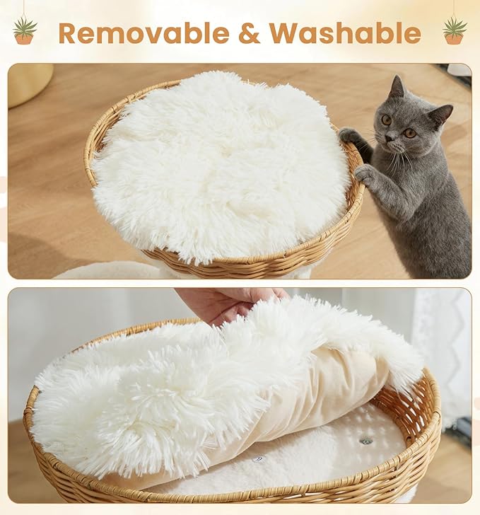 Made4Pets PE Rattan Cat Tree Tower with Scratching Post, 18 inch Small Cat Tree for Kittens, Handwoven Wicker Basket Bed with Soft Cushion, Cozy Cat Bed, Self Groomer and Hanging Plush Ball Toy