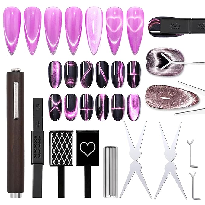 9pcs Cat Eye Nail Tools – 3-in-1 Nail Art Magnet, Multi-Functional Nail Magnet Stick, Nail Magnet Plates, Cylindrical Magnets, Scissor & Y-Shaped Plates for French Heart Cat Eye Effect