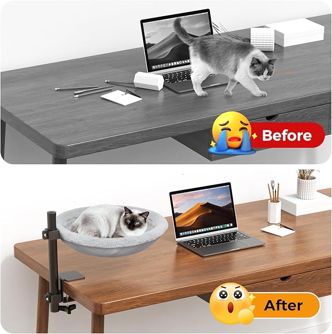 On/Under Cat Desk Bed - 360°Rotation & Adjustable Mount Perch Cats Hammock Up to 50 lbs Cat Furniture for Office Desks and Game Tables with 2 Soft and Breathable Dual-Sided Reversible Mat