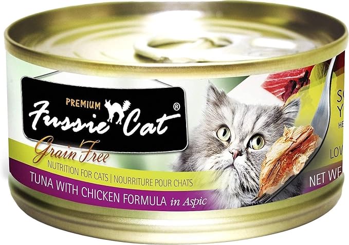 Fussie Cat Premium Canned Grain Free Cat Wet Food - Variety 4 Flavors Pack Food Bowl (12 Cans) (Tuna & Ocean Fish- Salmon - Shrimp - Chicken) (2.82 Oz)