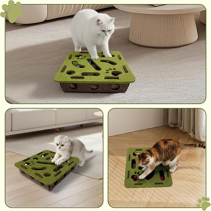 Interactive Soft Felt Cat Puzzle Toy with Ball and Bell，cat Nail File Enrichment Box，Cat Toy Box for Indoor Cats and Kittens，Indoor Hunting Play Toy (Green)