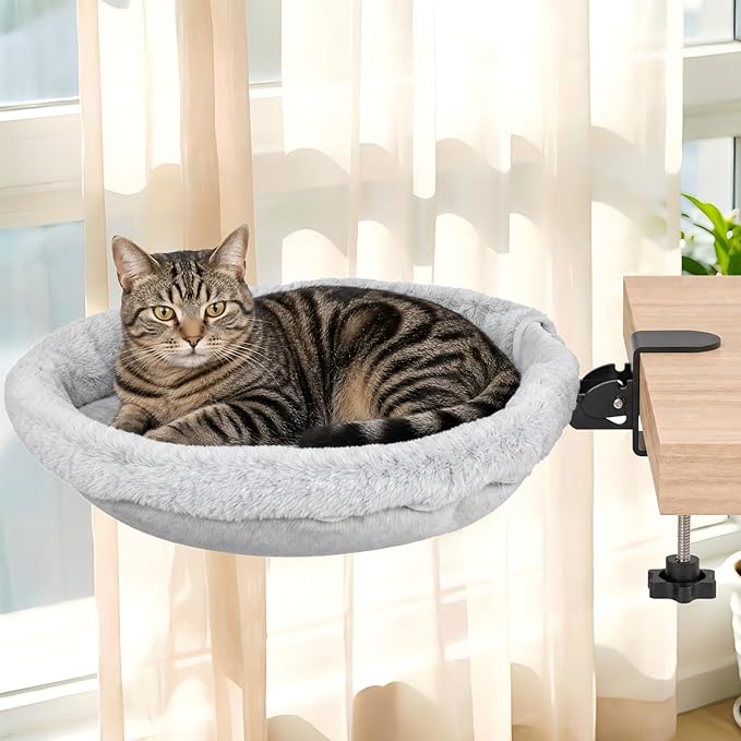 Cat Desk Bed, 90° Foldable Cat Hammock for Desk, Heavy Duty Cat Bed Desk Mount Up to 44lbs, Ergonomic Desk Mounted Cat Bed with Washable Soft Fabric, Space Saving Cat Perch for Home Office Desk