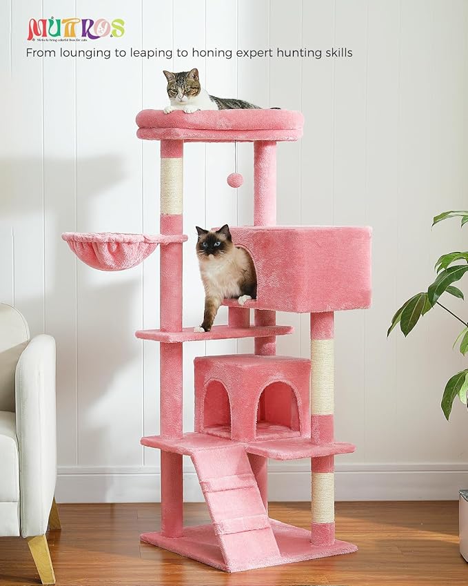 MUTTROS Pink Cat Tree for Large Cats with Super Large Top Perch,56.2" Multi-Level Tower for Indoor Cats with Hammock, Cat Shelves with Scratching Posts and 2 Condos Houses, Pink
