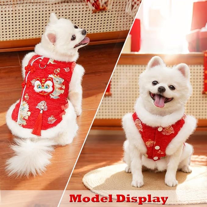 SEIS New Year Pet Winter Coat, Thicken Dog Lion Dance Clothes, Warm Cat Tassel Apparel for Cats Small and Medium Dogs (L (Chest Girth 19.7"))